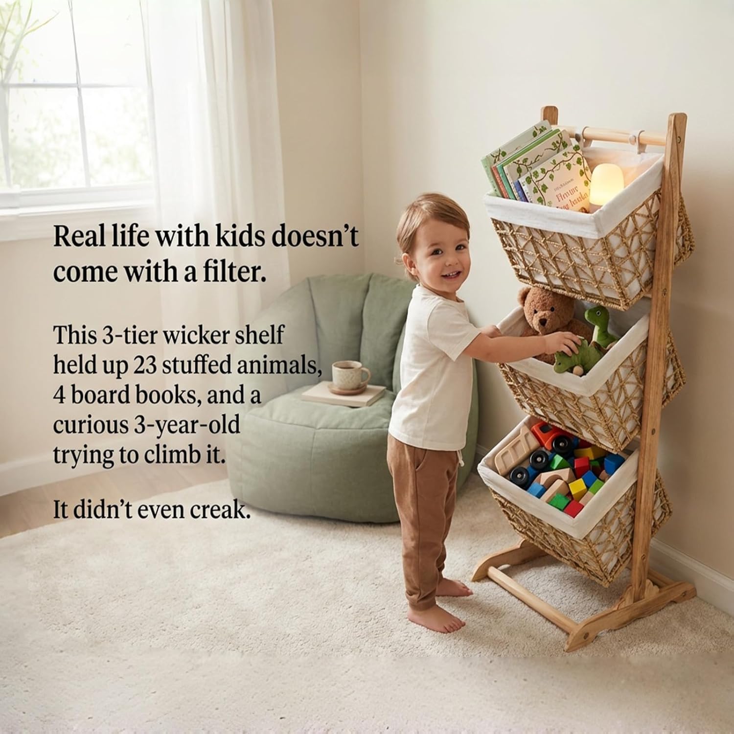 3-Tier basket stand Woven Floor Shelf Stackable Baskets, Multi-story wicker Storage Organizer,Multipurpose Rattan Rack for Bedroom Living Room Kitchen, Holds Toys Books Cans, Bohemian Home Decor