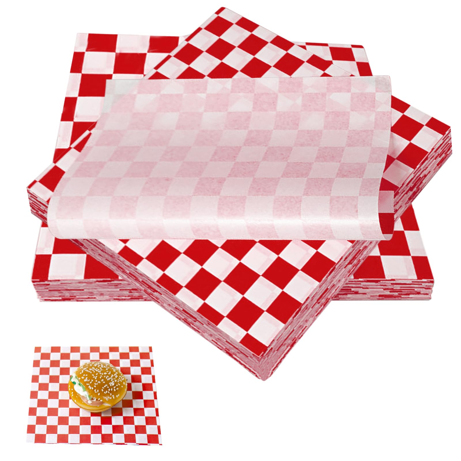 200Pcs Greaseproof Paper Sheets, 22 * 22cm/8.66 * 8.66" Red White Checkered Food Burger Wrap Paper, Oil Proof Baking Paper Sheets for Bread, Chips, Sandwiches, Food Wrapping — image 1