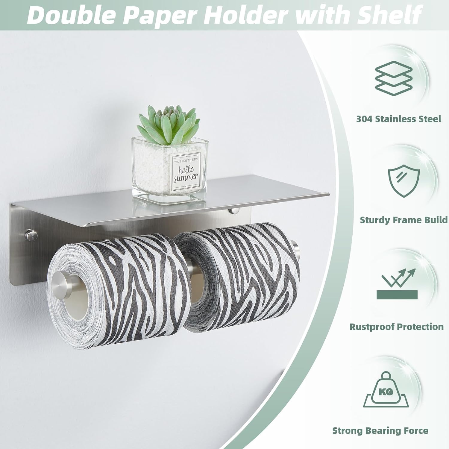 Double Toilet Paper Holder with Shelf Brushed Nickel, APLusee SUS 304 Stainless Steel Contemporary Tissue Roll Holder Mobile Phone Storage Rack