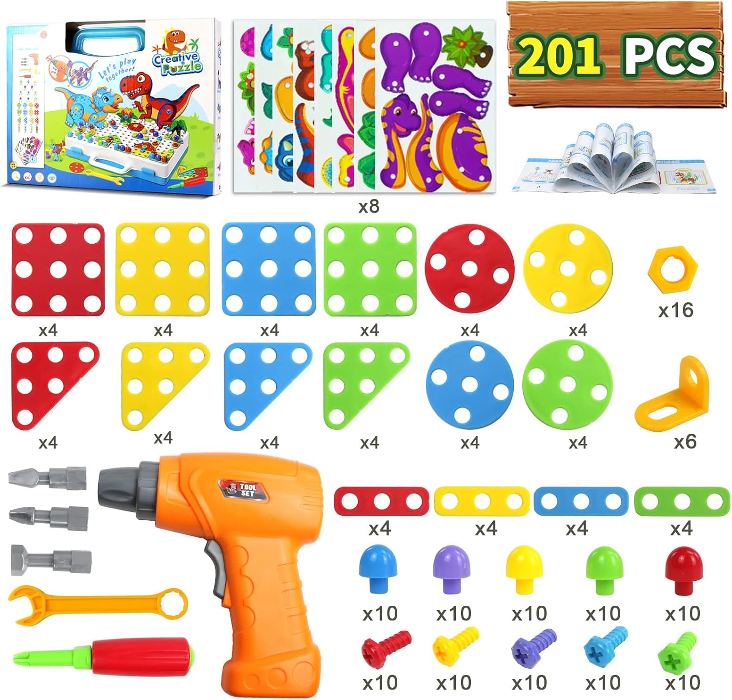 An overhead view of all 201 pieces included in the jerryvon Creative Puzzle set, neatly arranged, showing the pegboard, electric drill, hand tools, various colorful screws, geometric shapes, and dinosaur puzzle pieces.