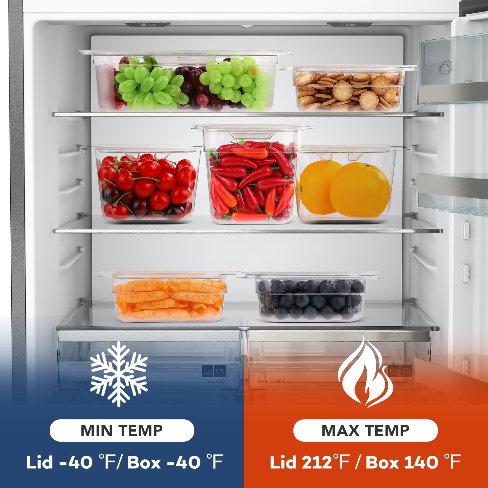 VOISEN Confezione da 12 contenitori per alimenti in plastica con coperchio, contenitori per frutta per frigorifero, 1/6 dimensioni 15,2 cm, in policarbonato trasparente, contenitori per insalata per