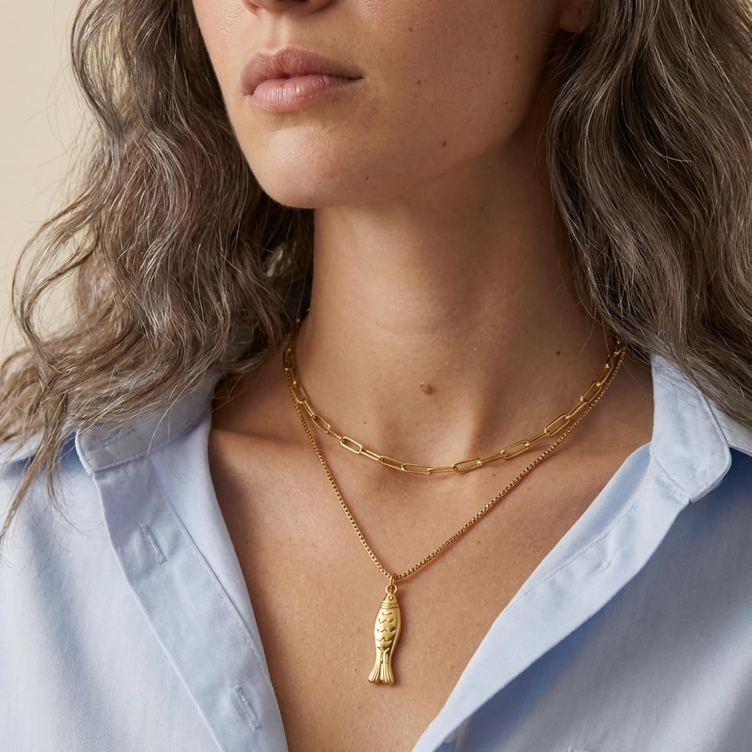 Fish Pendant Necklace for Women 18K Gold Plated Layered Dainty Bohemian Paperclip Box Chain Adjustable Necklace Stackable Jewelry for Beach Summer