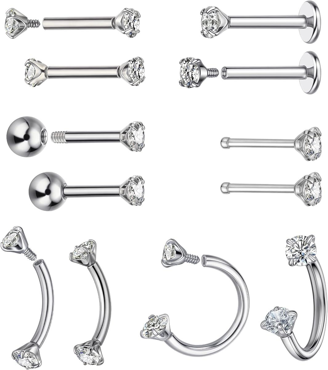 12Pcs 16G Internally Threaded Labret Studs, 316L Surgical Steel CZ Flat Back Lip Rings, Hypoallergenic Helix Tragus Cartilage Body Piercing Jewelry for Women, Ear Lobe Conch Medusa Monroe Multi-Pack