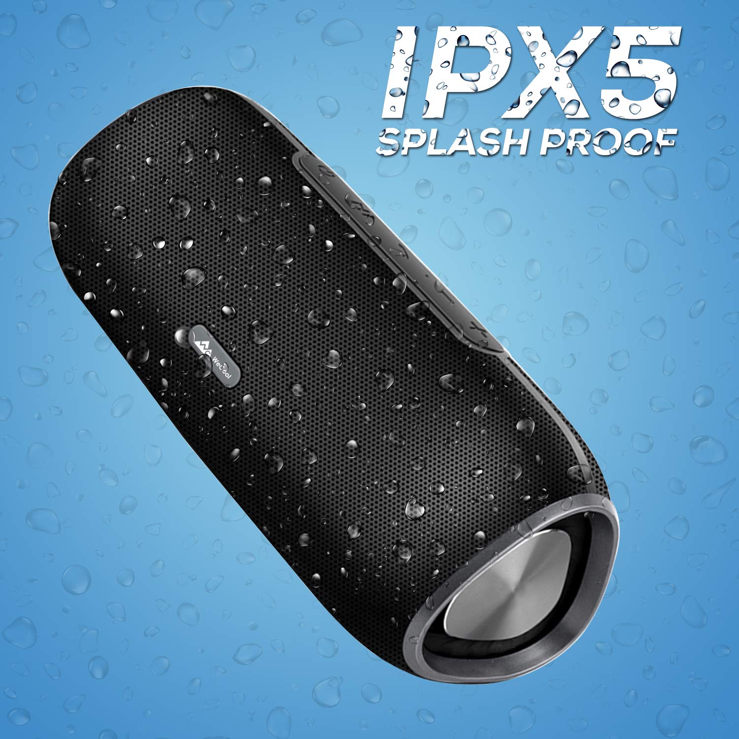 WeCool Storm S-03 Bluetooth Speaker with water splashes, indicating IPX5 rating