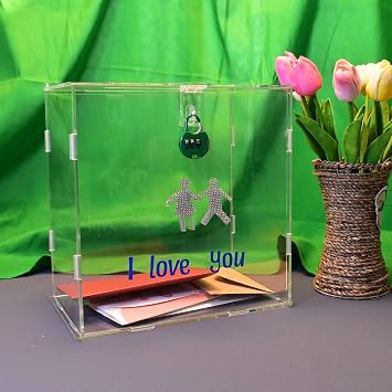 Modern Acrylic Wedding Card Box, 10.2X10.2X6.3 INCH, Letter Print, Flip Top, Lock, Square, Clear Card Box for Wedding Reception, Party, Graduation, Baby Shower