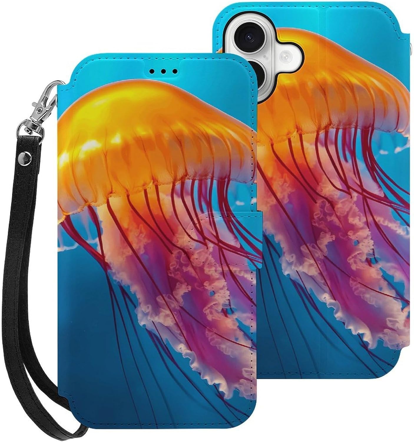 Jellyfish with Orange Body Compatible with iPhone 16/16 Plus/16 Pro/16 Pro Max/16 E Case Phone Wallet Card Holder Flip Cover with Wrist Strap