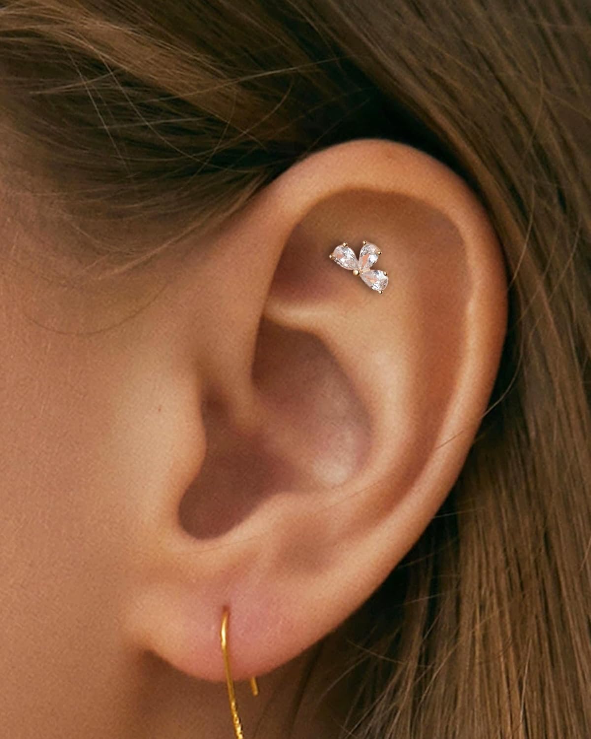 Cocharm 14K Solid Gold Cartilage Earring - 16g Flower Yellow Gold Flat Back Helix Stud, 14K Gold Push in Tragus Earring, Threadless Conch Stud - Image 2