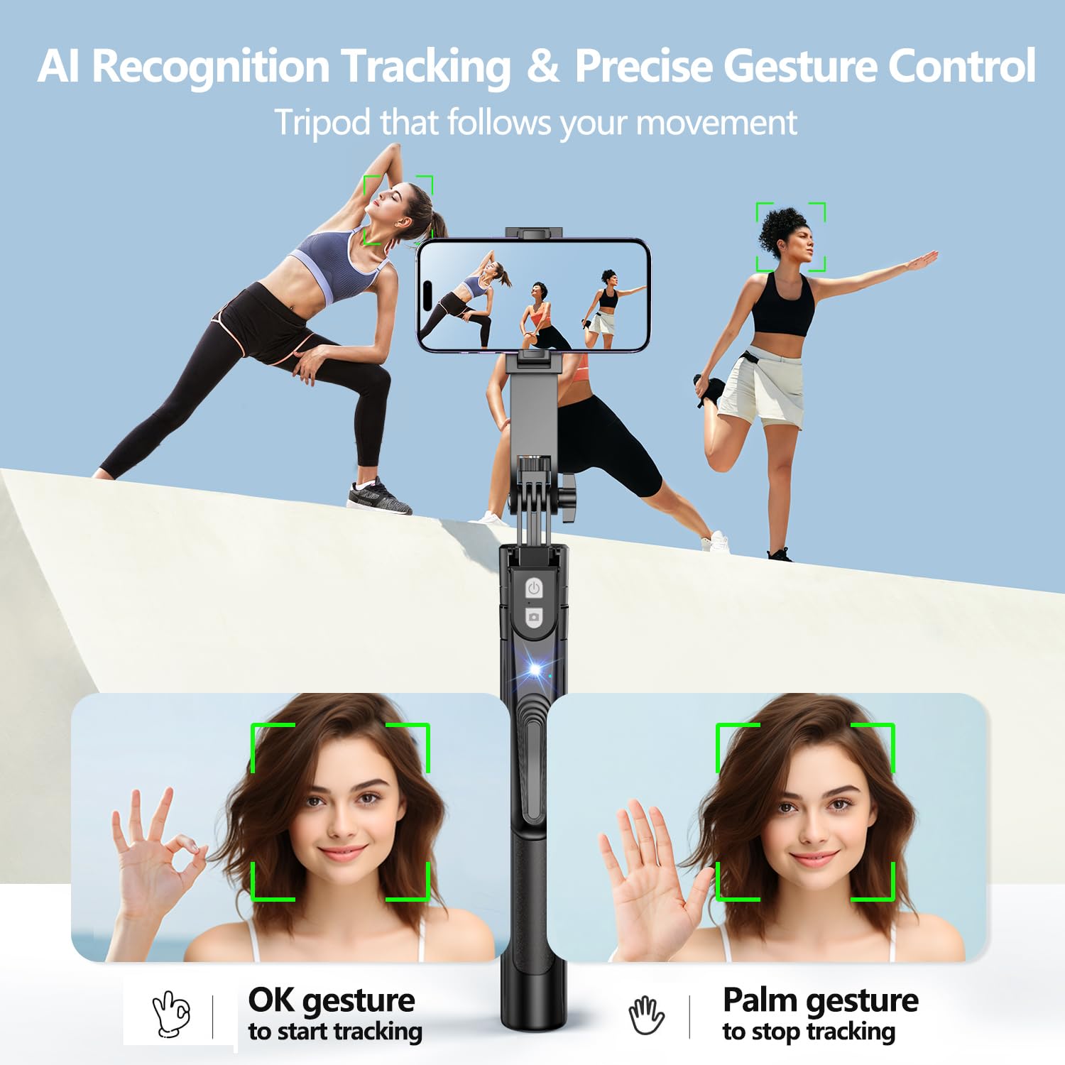 Auto Face Tracking Tripod 360° Rotation with Stand, 70.9" Motion Sensor Phone Tripod Stand, No App, Gesture Control, Smart Face Body Auto Tracking Selfie Stick Tripod for Video/Live Streaming
