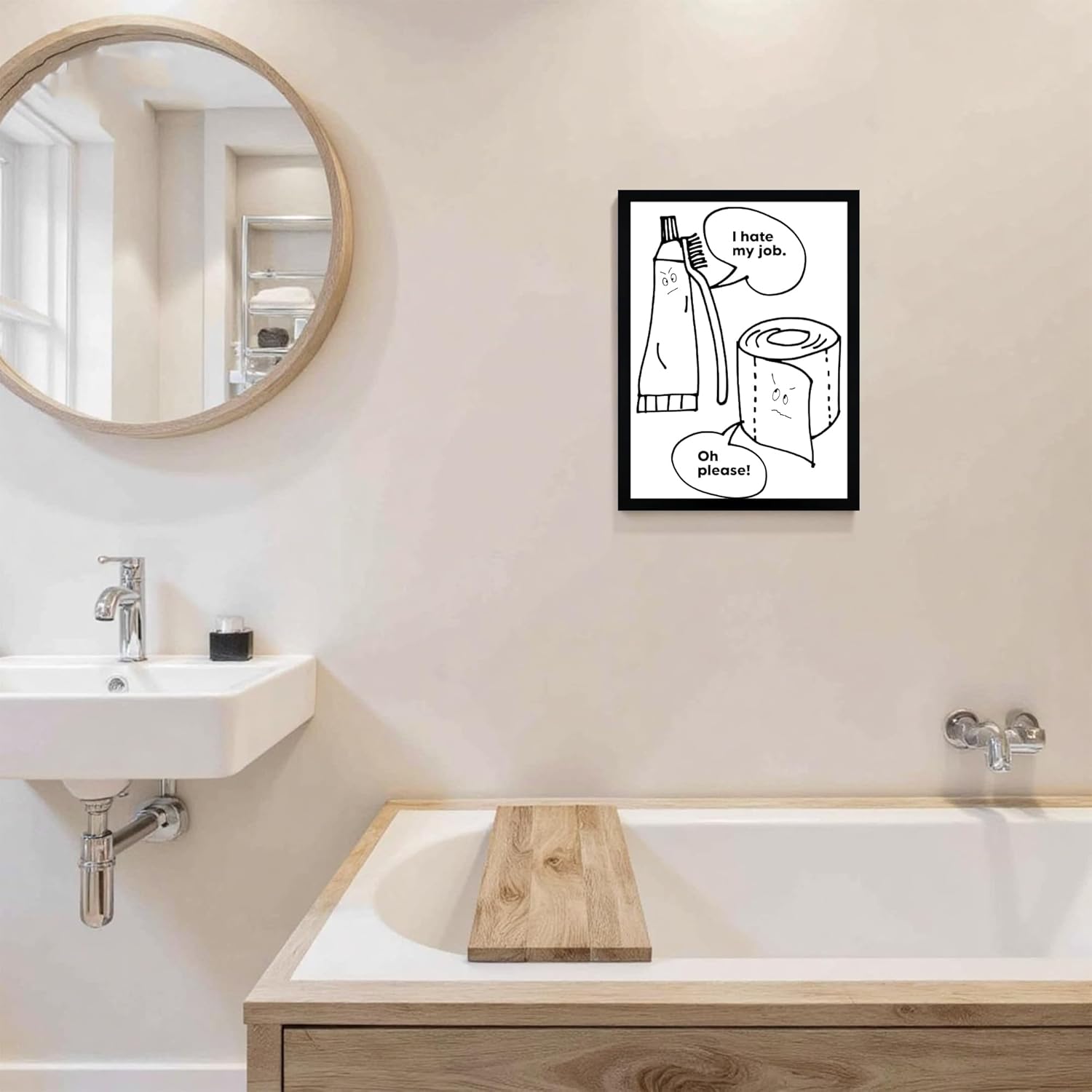 Urmoya Black and White Funny Toiletries Bathroom Wall Art, Modern Minimalistic Bathroom Sign Wall Decor with Humorous Canvas Print, Cute Art Prints Ready to Hang 12x16 Inch Wood Framed