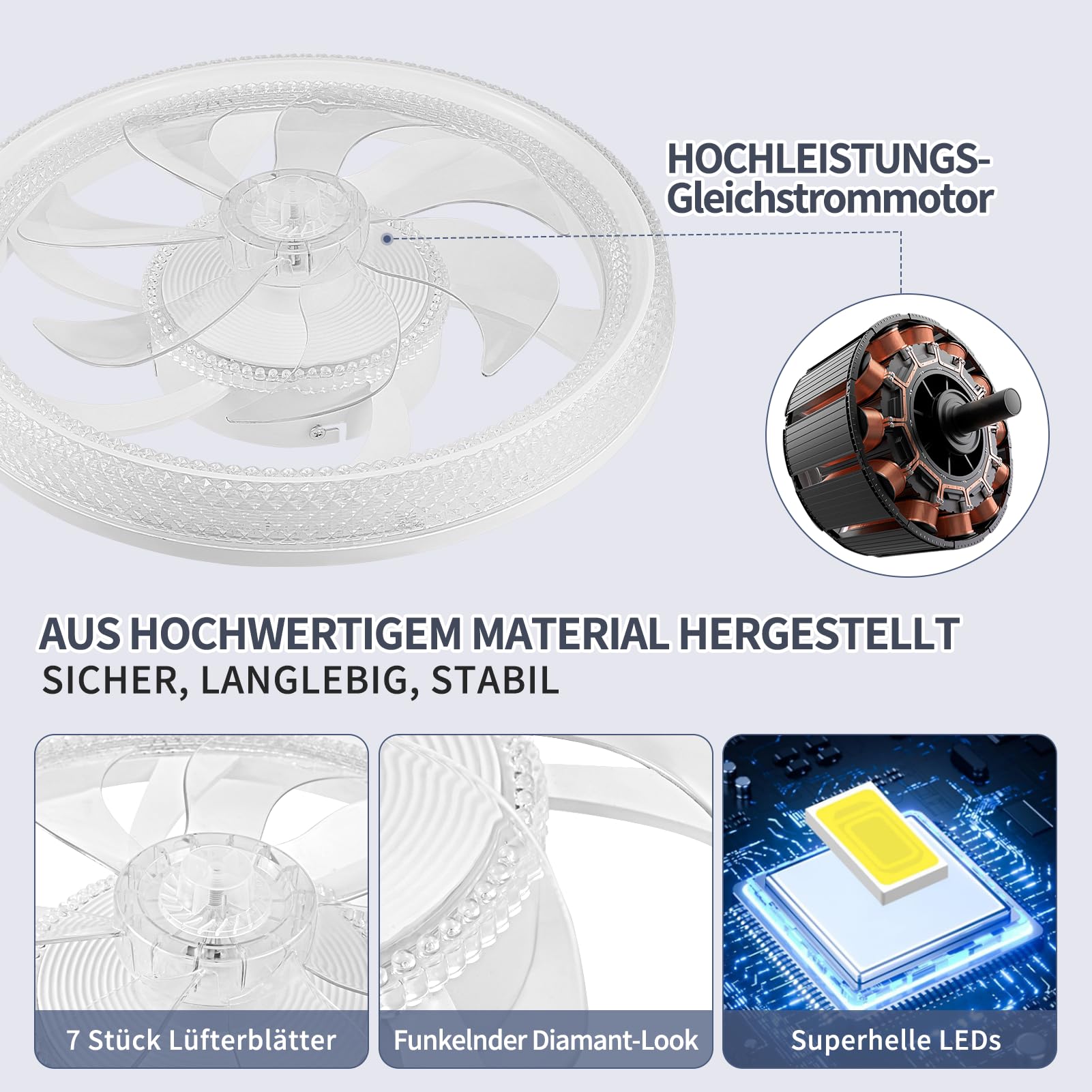 Viugreum LED Smart Deckenventilatoren mit Licht, 48cm moderne Deckenventilatorleuchten mit Fernbedienung, umkehrbarer dimmbares Deckenventilator mit Beleuchtung und Timer für Wohnzimmer, Schlafzimmer
