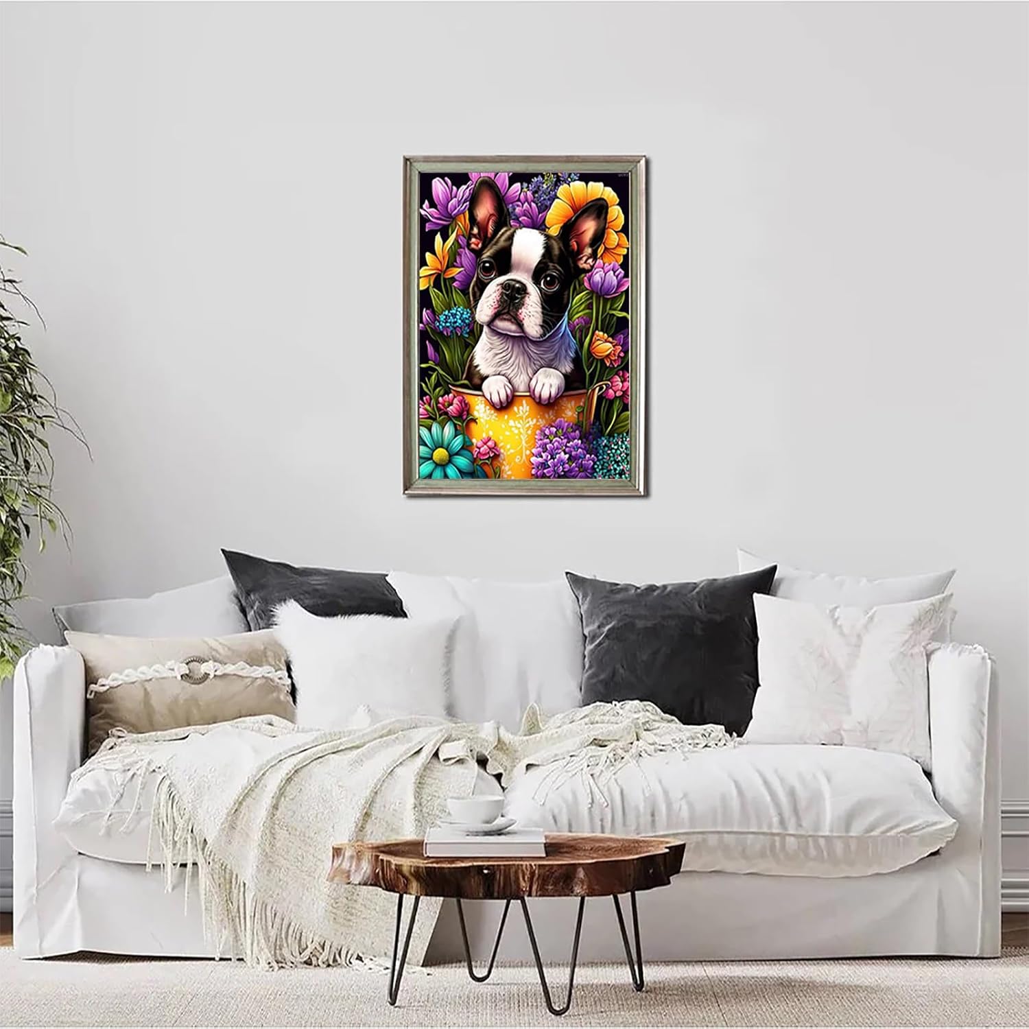QAZWSX Boston Terrier Diamond Painting, Colorful Flower Animals DIY Diamond Art Kit for Beginners Colorful Diamond Painting Art for Home Wall Decor 12x16 INCH