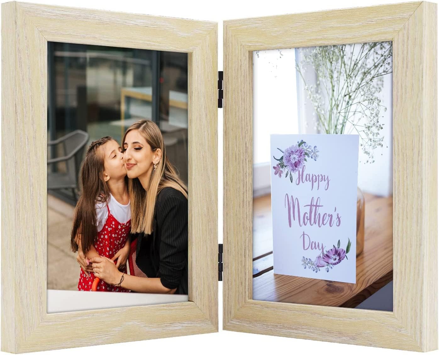 Frametory, 5x7 Double Picture Frame Hinged Photo Frames Two Folding Frame Desktop Glass Frame Vertical (Beige, 5x7 Double)