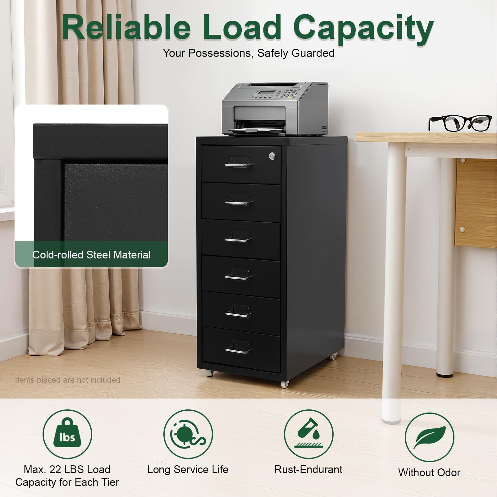6 Ebenen Mobiler Vertikal Aktenschränke Aufbewahrungsschrank für Homeoffice | Rollcontainer, Metall Aktenschrank mit Schloss, 8-10kg pro Fach, für Homeoffice, Büro, 28x41x69cm, Schwarz