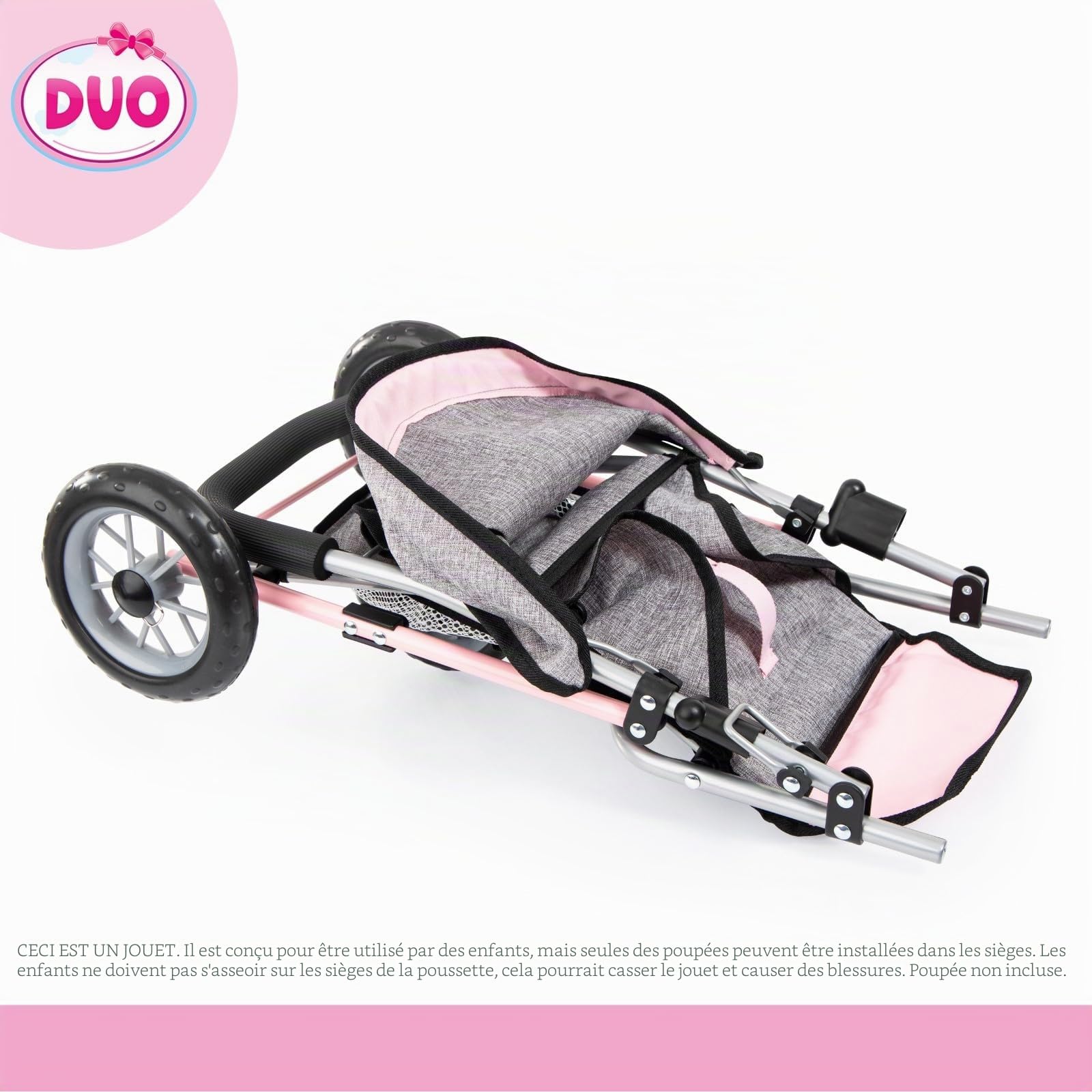Bayer Design 39133AA Landau Jumeaux pour poupée, Poussette Tandem Double Jouet, Jean Look Gris, Rose, Papillon