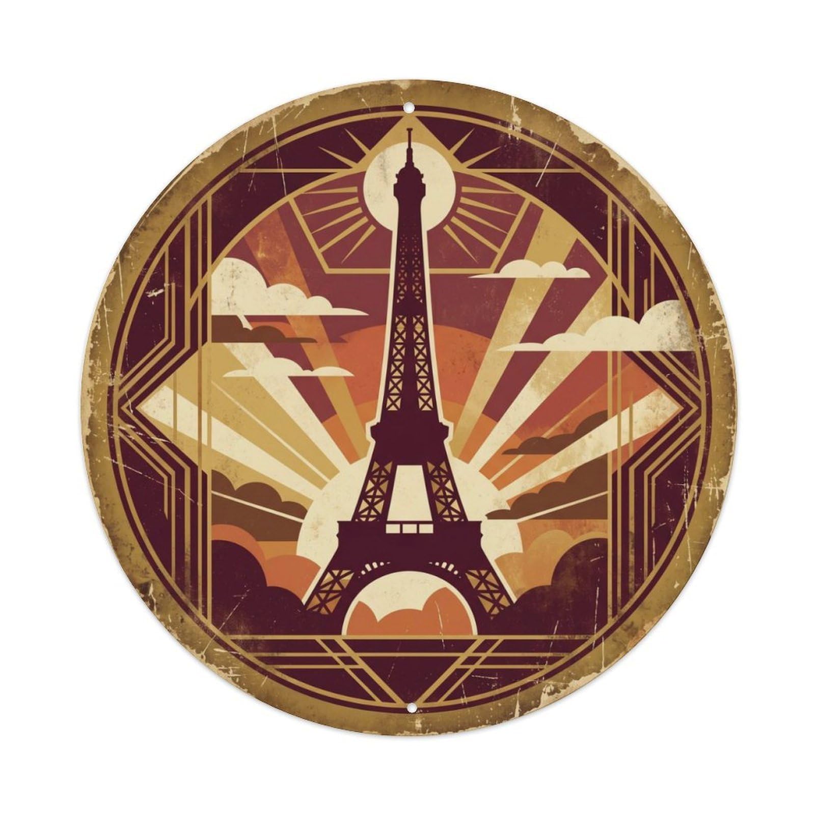 Fqcyn Style Vintage Travel Tower France Monument Metal Tin Sign Plaque Wall Decor For Cafe, Club Bar, Office, Home Garden Round Metal Poster 8X8inch