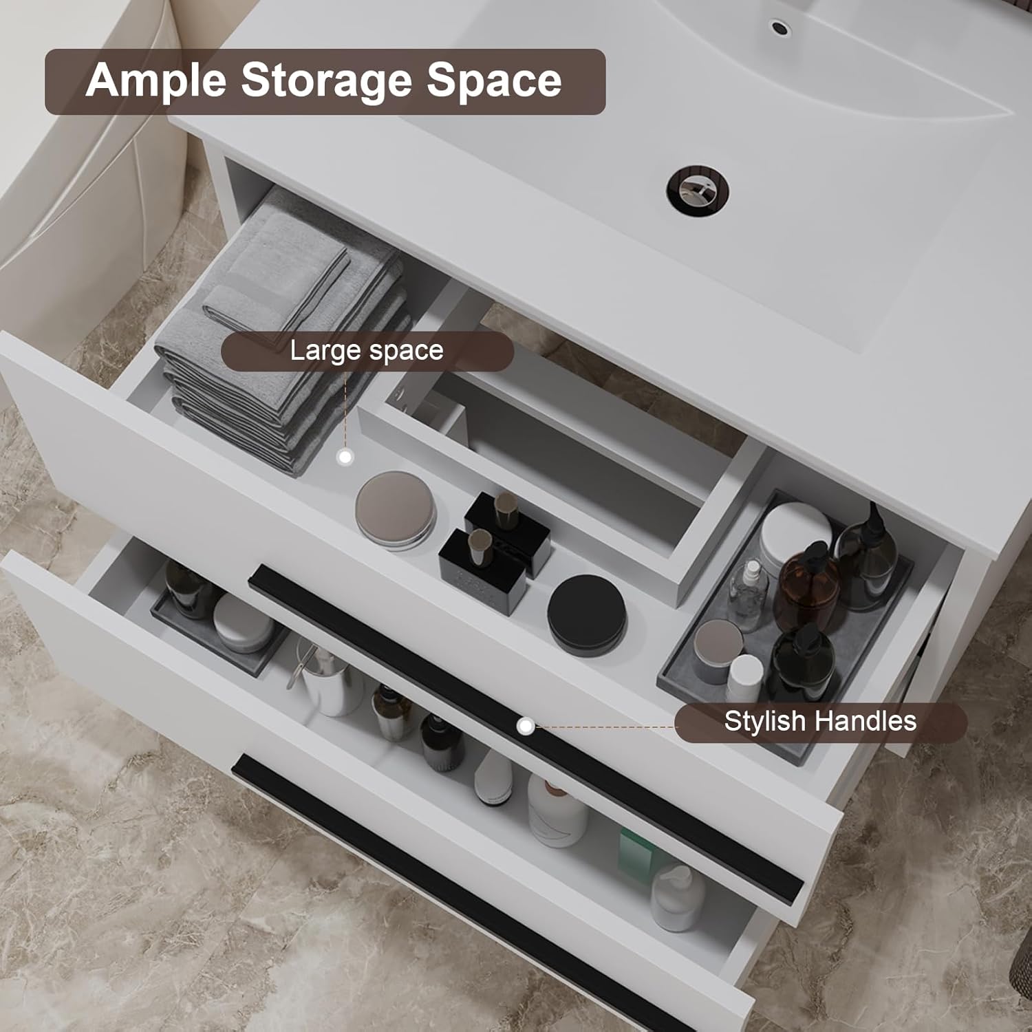 30 inch Floating Bathroom Vanity with Sink, Space Saving Fluted Design for Small Bathrooms, Soft Closing Drawers & Black Handles White