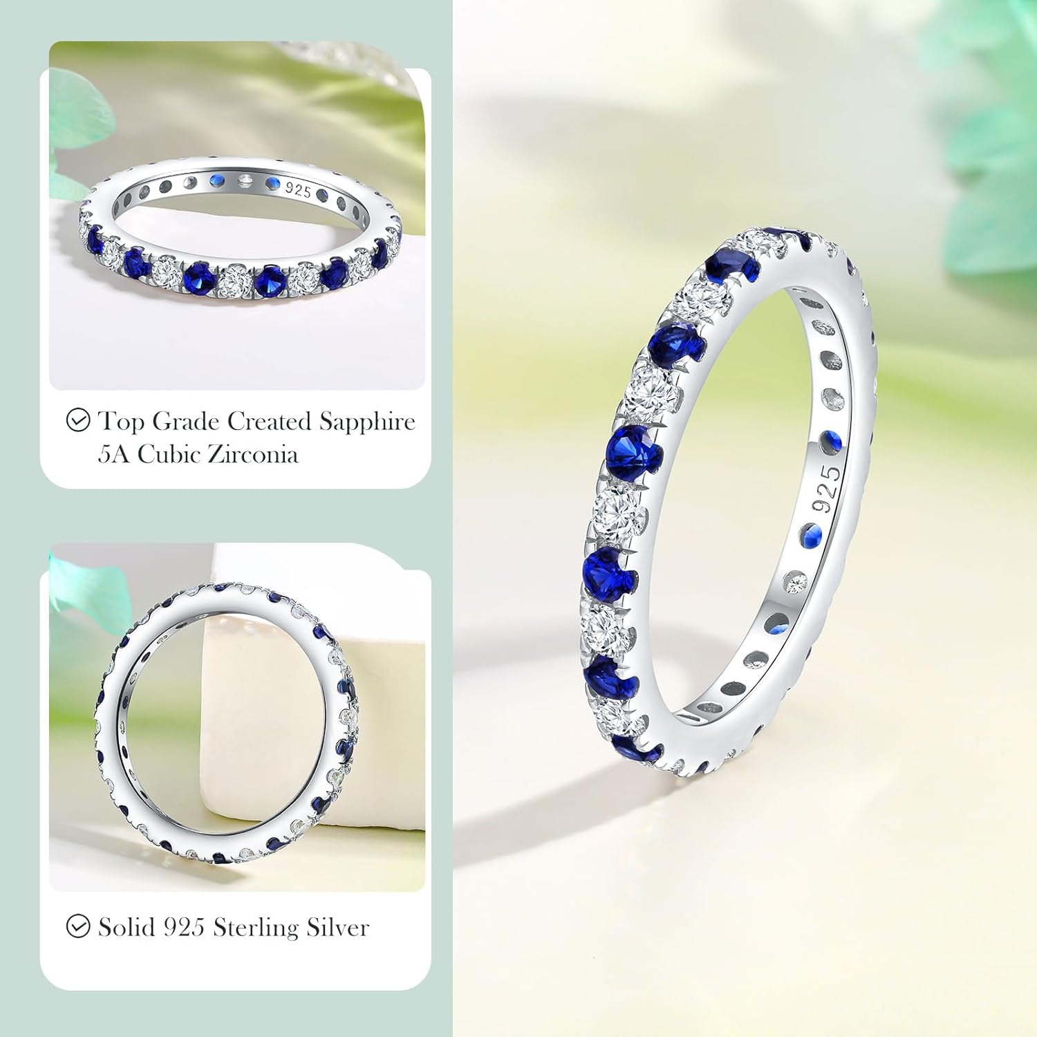 14K Gold Plated/ 925 Sterling Silver Created Emerald/Ruby/Sapphire Stackable Rings for Women 2.4mm Wedding Eternity Band Rings (with Gift Box) - Image 3