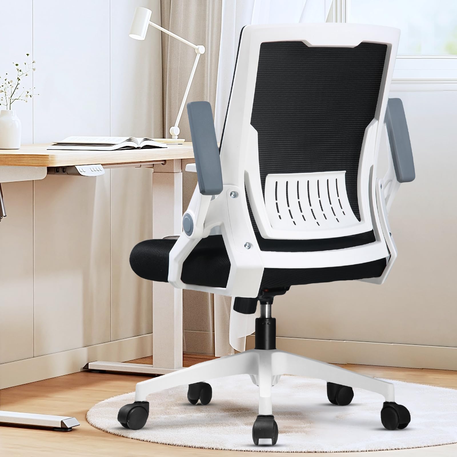 COMHOMA Computer Desk Chair, Ergonomic Office Chair with Flip-up Armrests Foldable Mesh Task Chair with Wheels Adaptive Lumbar Support Swivel Tilt Comfortable Study Chair for Student, White