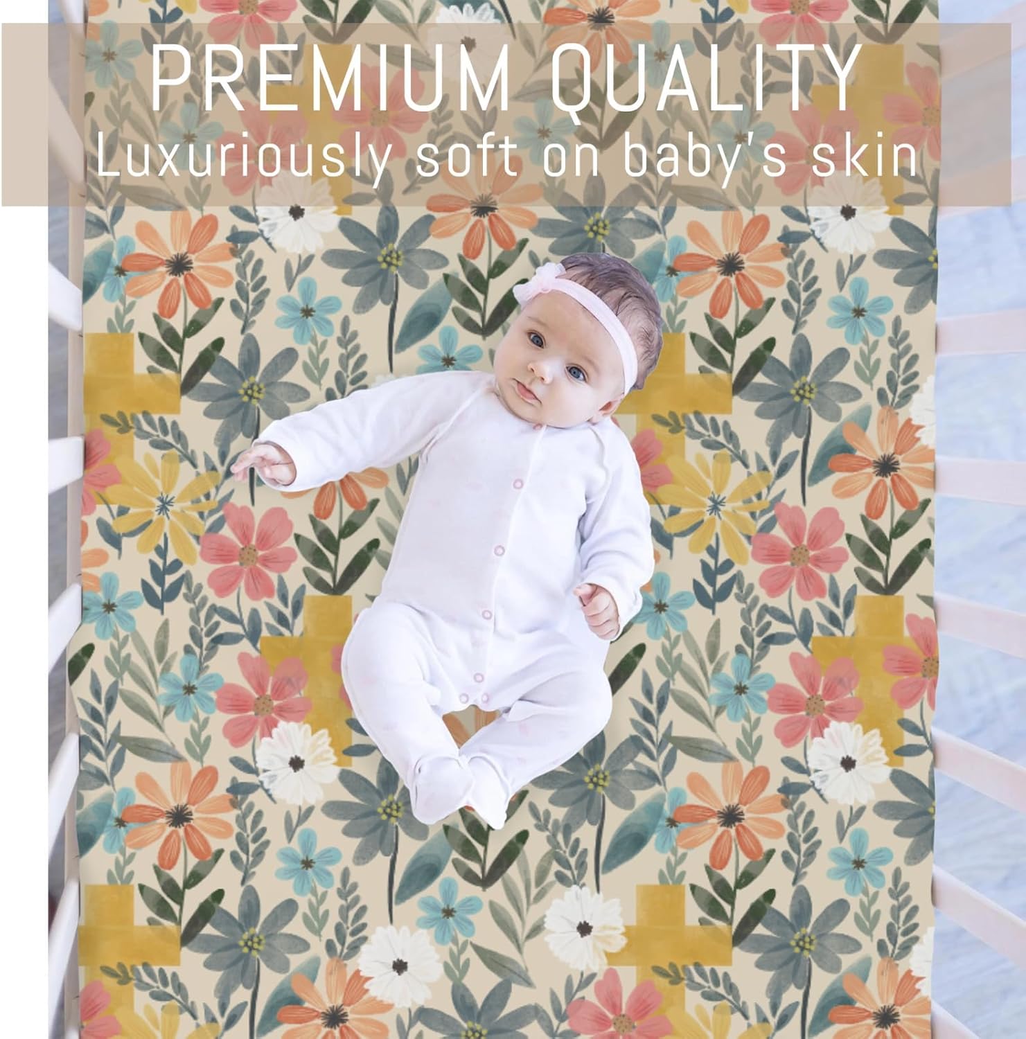 Vintage Boho Floral Baby Crib Sheets for Boy Girl Retro Flowers Crosses Soft Stretchy Fitted Crib Mattress Covers Fit 52''x28'' Standard Crib & Toddler Mattresses Easter Meadow Floral Bed Sheets