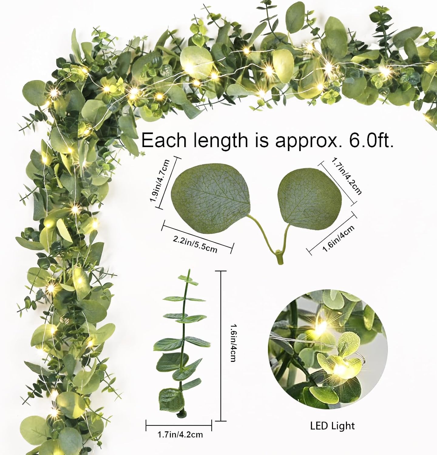 Dolicer Lot de 2 guirlandes d'eucalyptus artificielles de 1,8 m avec guirlande lumineuse à DEL, fausses guirlandes de verdure à suspendre, fausses feuilles d'eucalyptus argentées pour toile de fond de