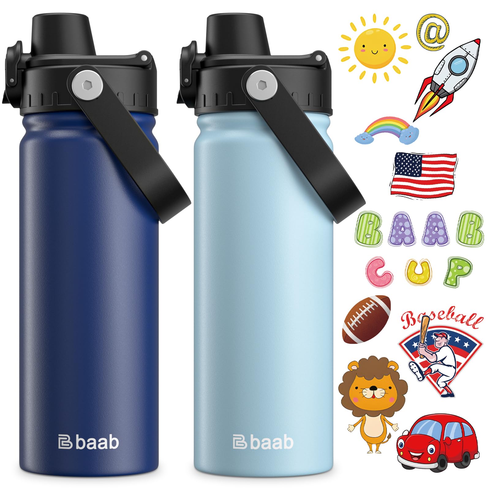 baab 18oz Kids Water Bottle Insulated Kids Water Bottle with Lockable Spout Lid Stickers 18 8 Stainless Steel