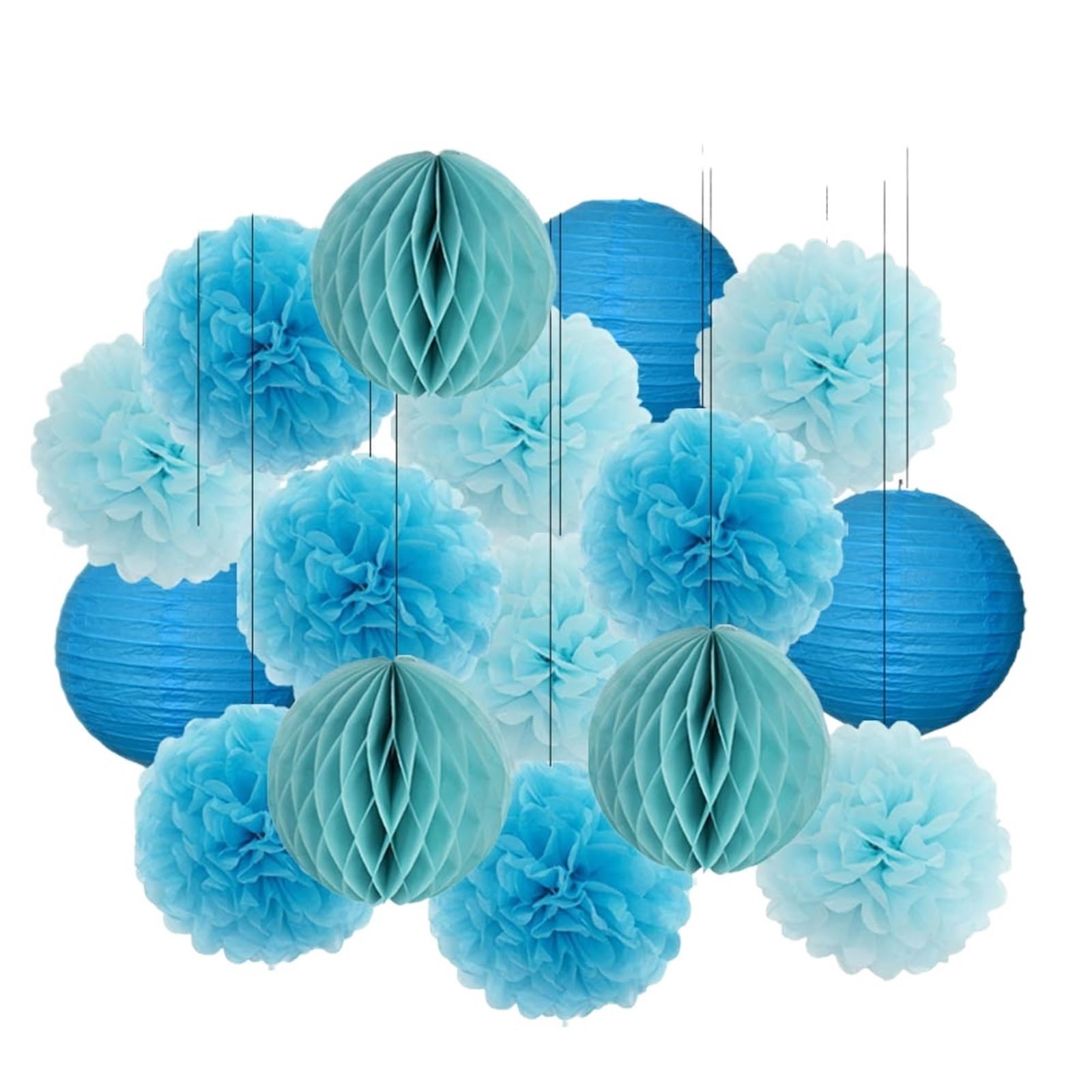 Paper Lanterns Boy Girl Birthday Party Favor Yellow Set Folding Round Paper Lantern Wedding Baptism Decor DIY Tissue Pompom(Blue Set,8inch(20cm))