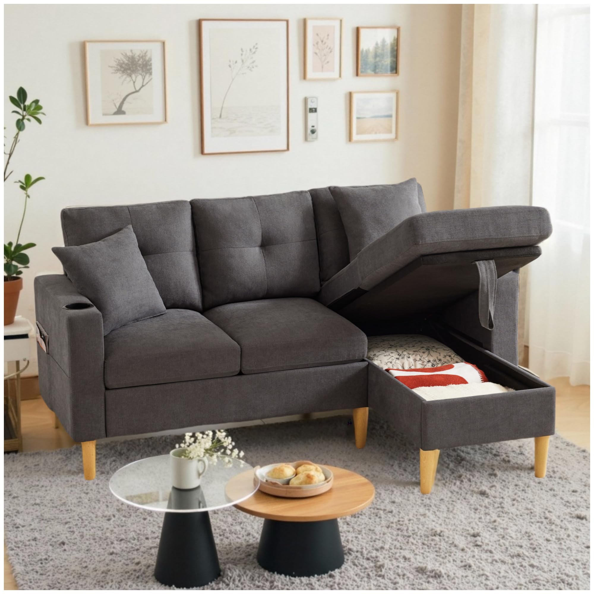 Sofá moderno en forma de L, sofá de 3 plazas con sillón reclinable con compartimento para objetos, portavasos, bolsillos laterales, 2 cojines, sofá esquinero, muebles de salón (gris)