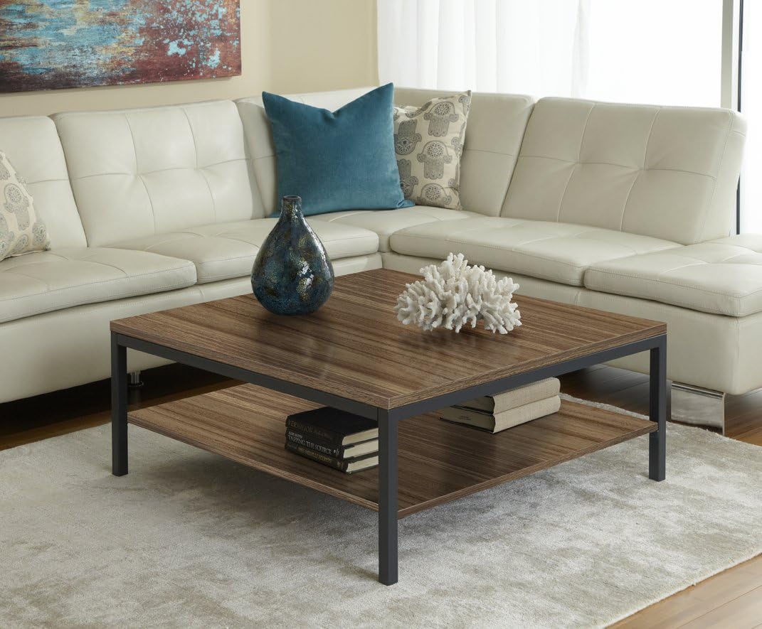 Unique Furniture Square Coffee Table with Shelf, Walnut