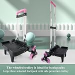 Backpack Trolley Wheeled Cart- Foldable Aluminium Alloy Hand Truck with 6 Wheels and Luggage Strap for Backpacks and Travel Luggage (Pink-L03)