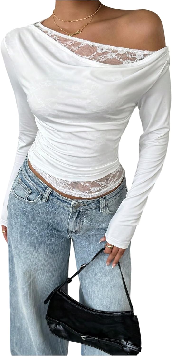 Milumia Women's Y2k Lace Off The Shoulder Long Sleeve Top Ruched Slim Fit Going Out Crop Tops