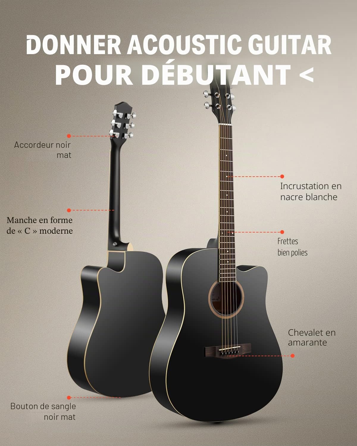 Donner Guitare Acoustique 4/4 Guitare Folk 41 Pouces pour Adultes Débutant Guitare Cutaway Kit avec Accordeur Corde Sac (Noir）