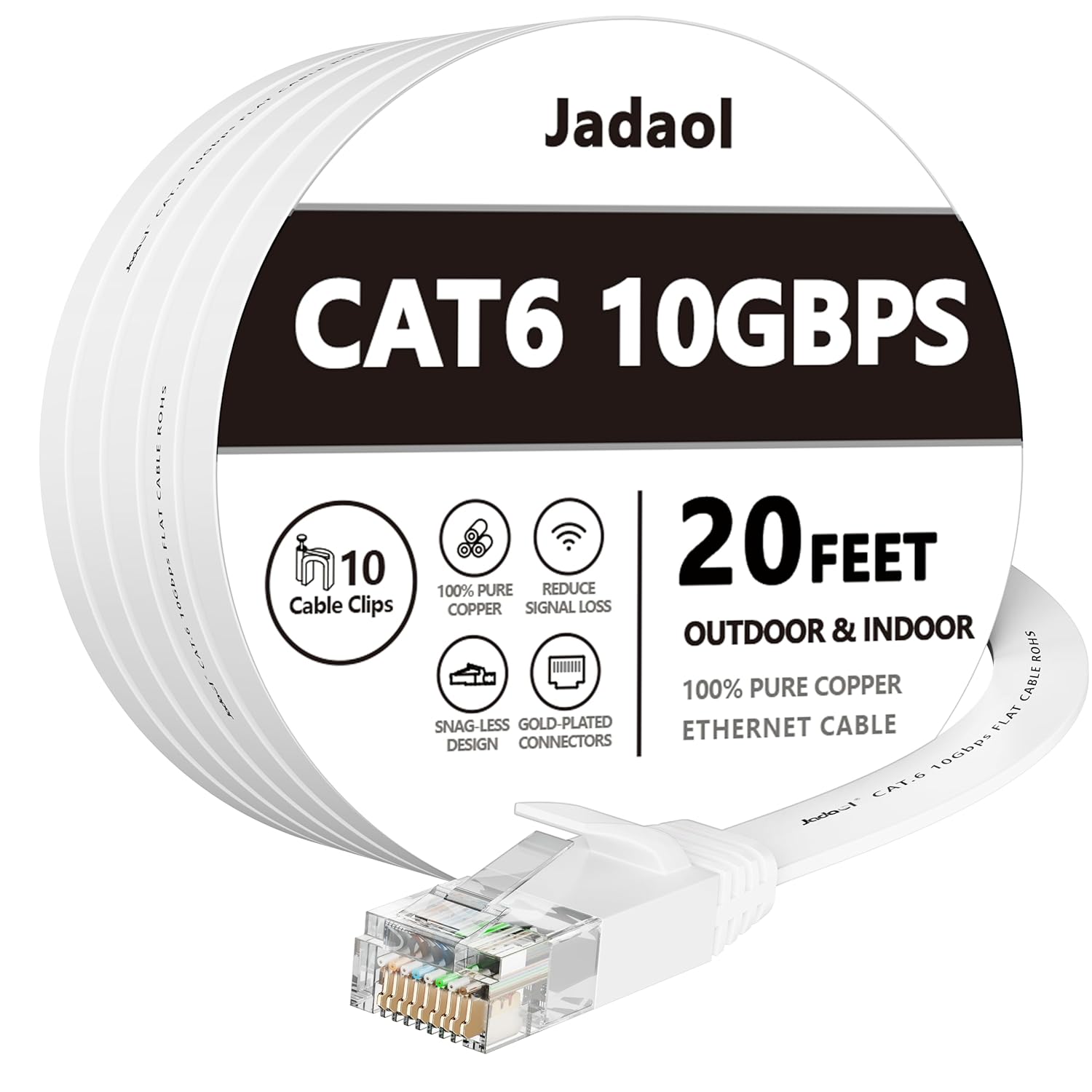 Jadaol Cat 6 Ethernet Cable 20 ft, Outdoor & Indoor 10Gbps Support Cat8 Cat7 Network, Flat RJ45 Internet LAN Computer Patch Cable for Router, Modem, Switch, Gaming Consoles, Streaming Devices, White 20ft Flat White