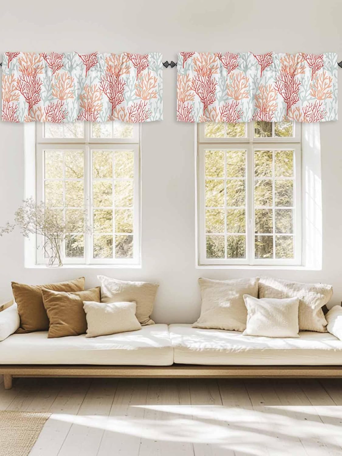 Red Orange Grey Coastal Curtain Valances for Windows, Summer Coral Beach Kitchen Valance Window Treatments Panel 2 Pack, Nautical Rod Pocket Short Curtains for Bathroom Bedroom 54x18 Inch