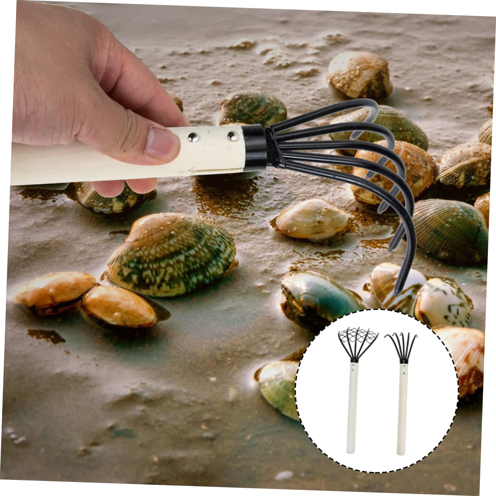 ifundom Rastrello per Vongole 2 Pezzi, Utensile Manuale a 5 Denti in Ferro e Legno, per Scavare in Sabbia e Terreno, Giardino e Semina