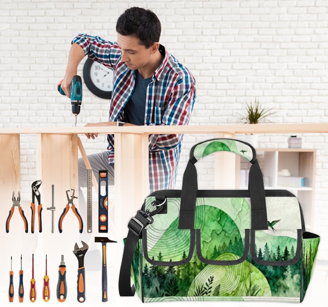 Watercolor Natural Forest Tool Bag – Heavy-Duty Multi-Pocket 14+ Pockets (6 Inner + 6 Outer + 2 Side), Removable Shoulder Strap, for Construction,Camping, Travel – 14.8 x 9.1 x 10 Inches