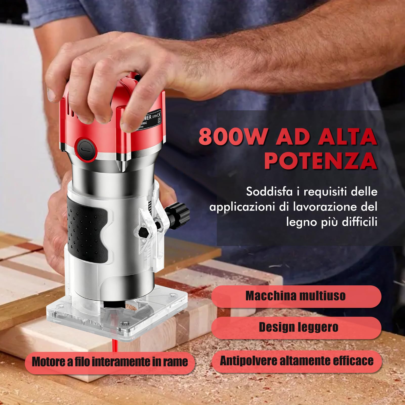 Fresa Elettrica per Legno 800W, Fresatrice Manuale 30000 Giri/min con Guida a Rullo e Guida Lineare, Rifilatore per Legno con Pinza 6,35mm, Fresa per Scanalature Bordi Profili e Incisioni