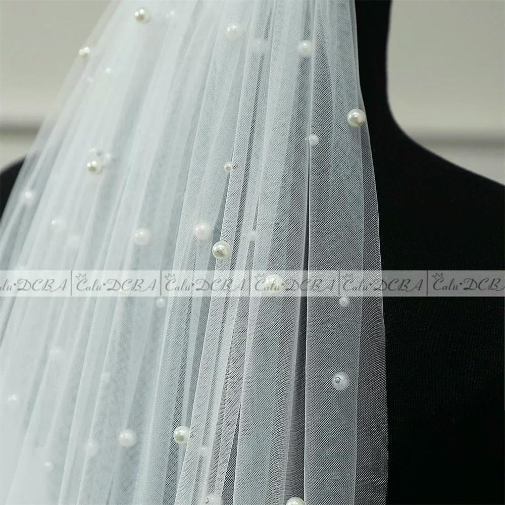Perle Bianco Avorio Velo da Sposa Lungo con Pettine 1 Strato Velo da Sposa cattedrale con Perle Perline di Cristallo 75-300 cm