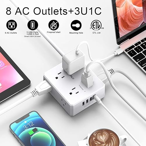 Miniatura 2 de Regleta protectora de sobretensiones  Cable de extensión de enchufe plano de 15 pies con 8 tomas amplias y 4 puertos USB (1 USB C), extensor de