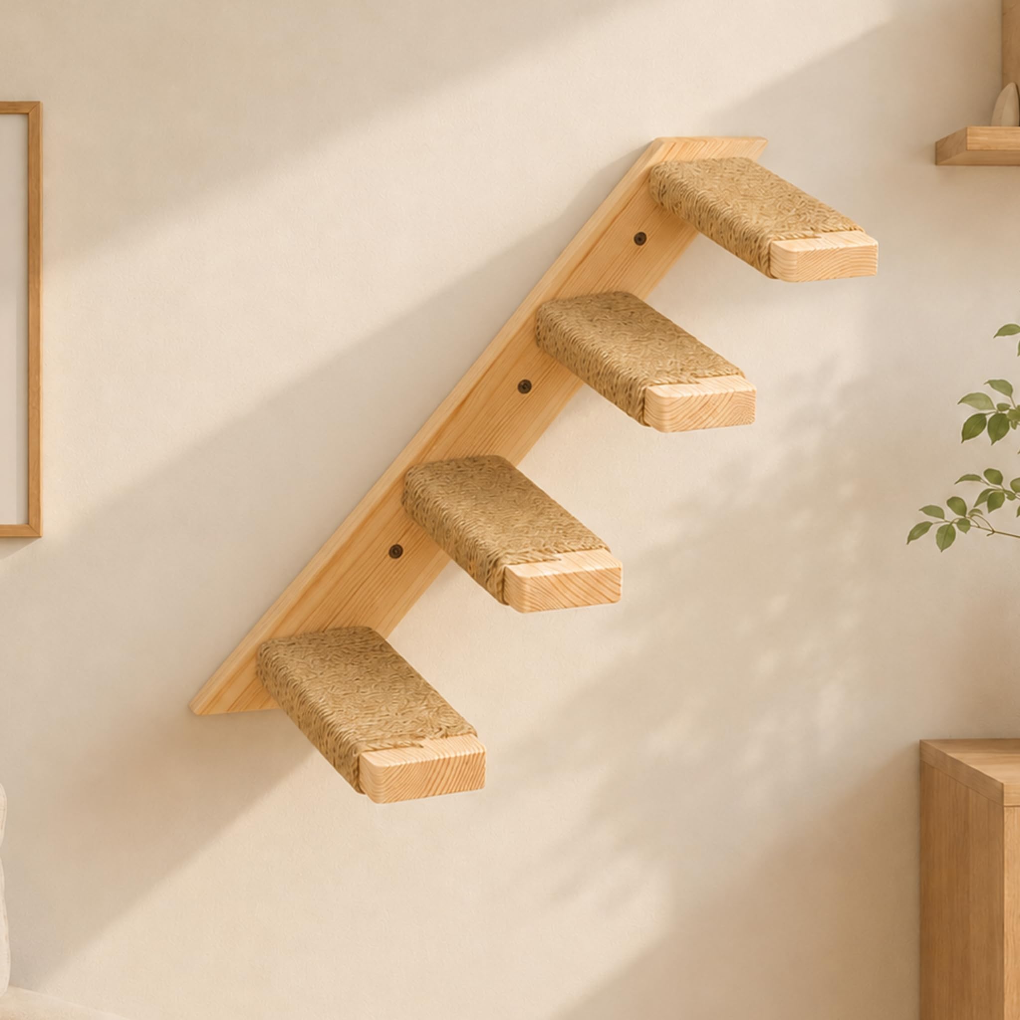 Katzentreppe Wand, Katzentreppe 4 Stufen, Kletterwand für Katzen, Katzen Treppe mit Juteseil, Wandmontage Katzenmöbel DIY Kletterwand Umkehrbare Links und Rechtsausrichtung