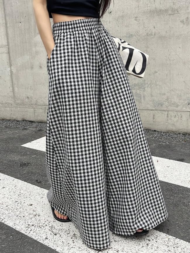 Womens Plaid Pants Black and White Checkered Skirt Pants Elastic Waist Wide Leg Flowy Palazzo with Pockets Casual Trousers - Image 6