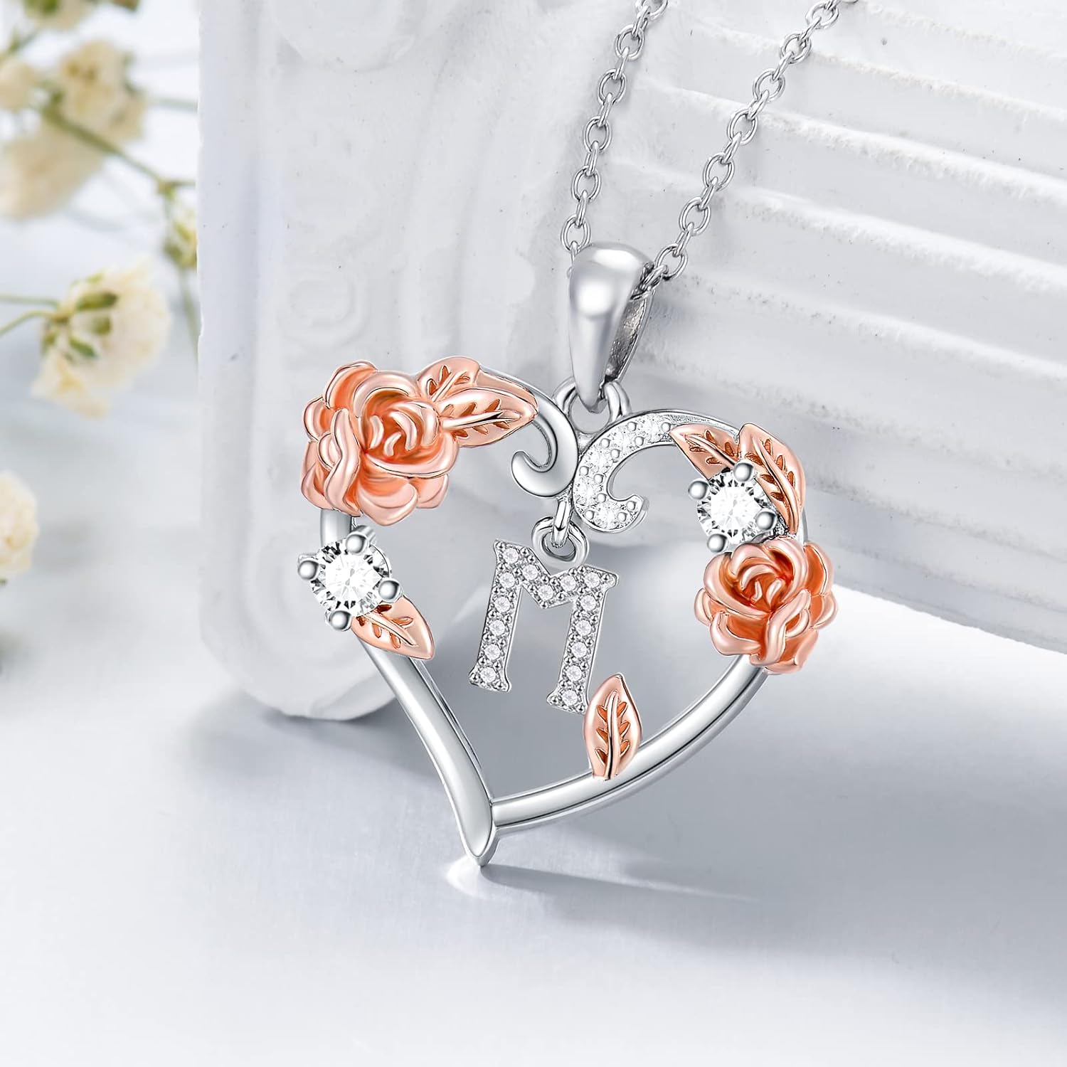 AOBOCO Rose Heart Necklaces Christmas Gifts for Women, 925 Sterling Silver Rose Love Heart Initial Letter Pendant Necklace Jewelry Mothers Day Lover Birthday Gifts for Her Mom Wife Girlfriend - Image 3