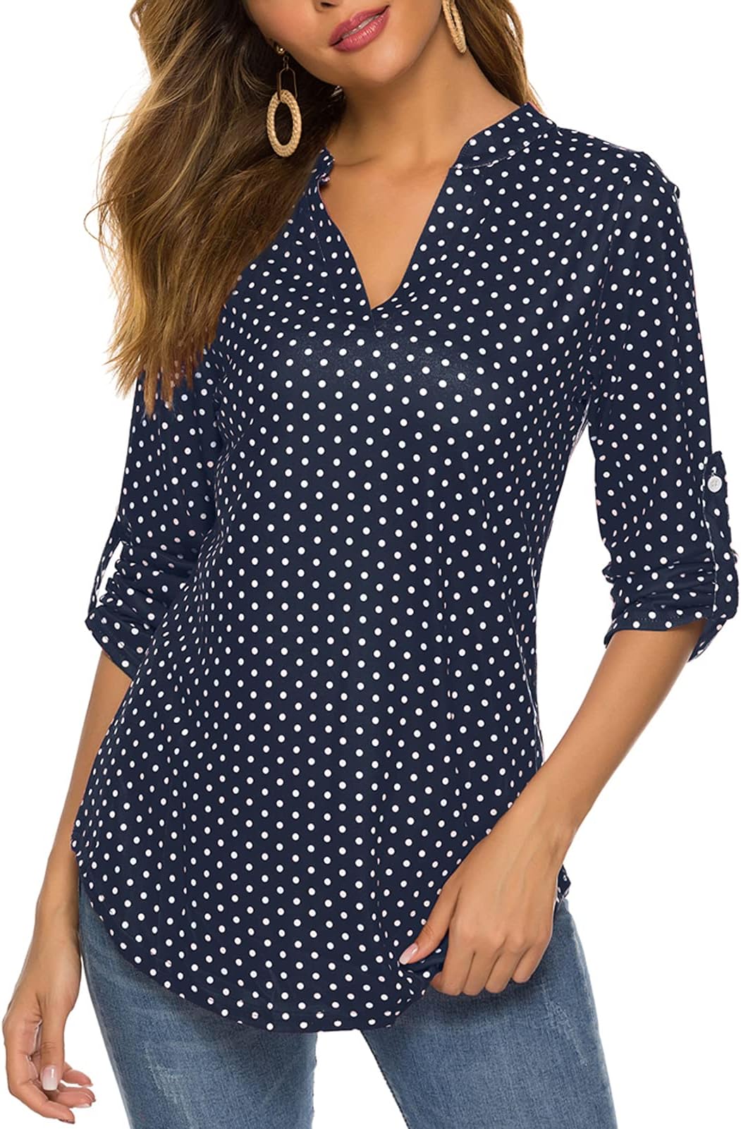 Women's Roll Up 3/4 Sleeve Floral Print V Neck Tunic Blouses Tops Shirts