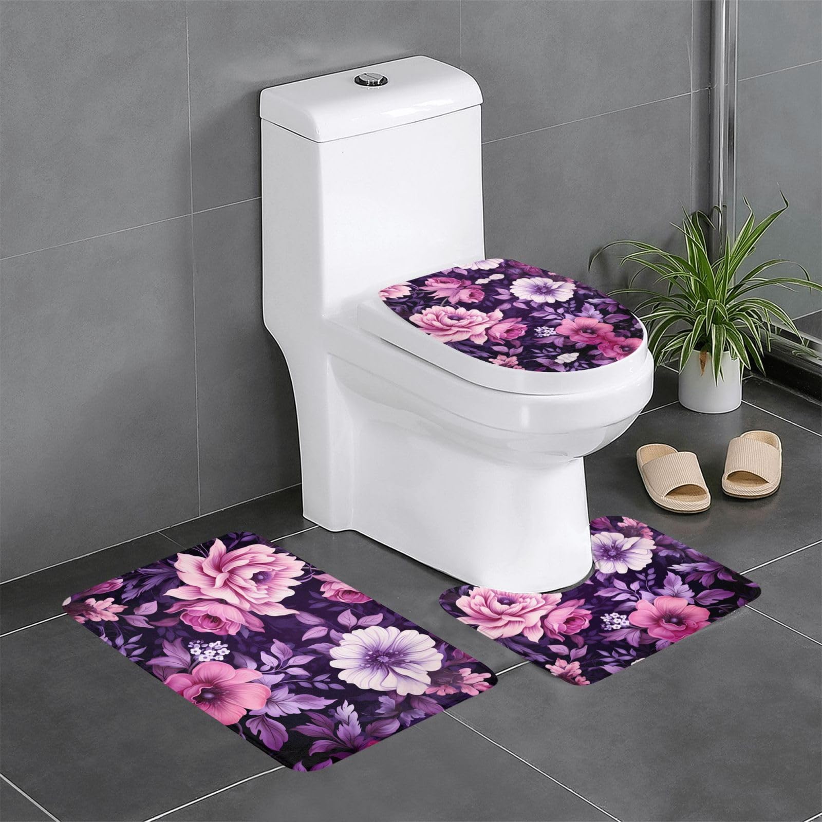 Tapis de salle de bain rose et violet ensemble de 3 tapis WC contour et ovale à fleurs
