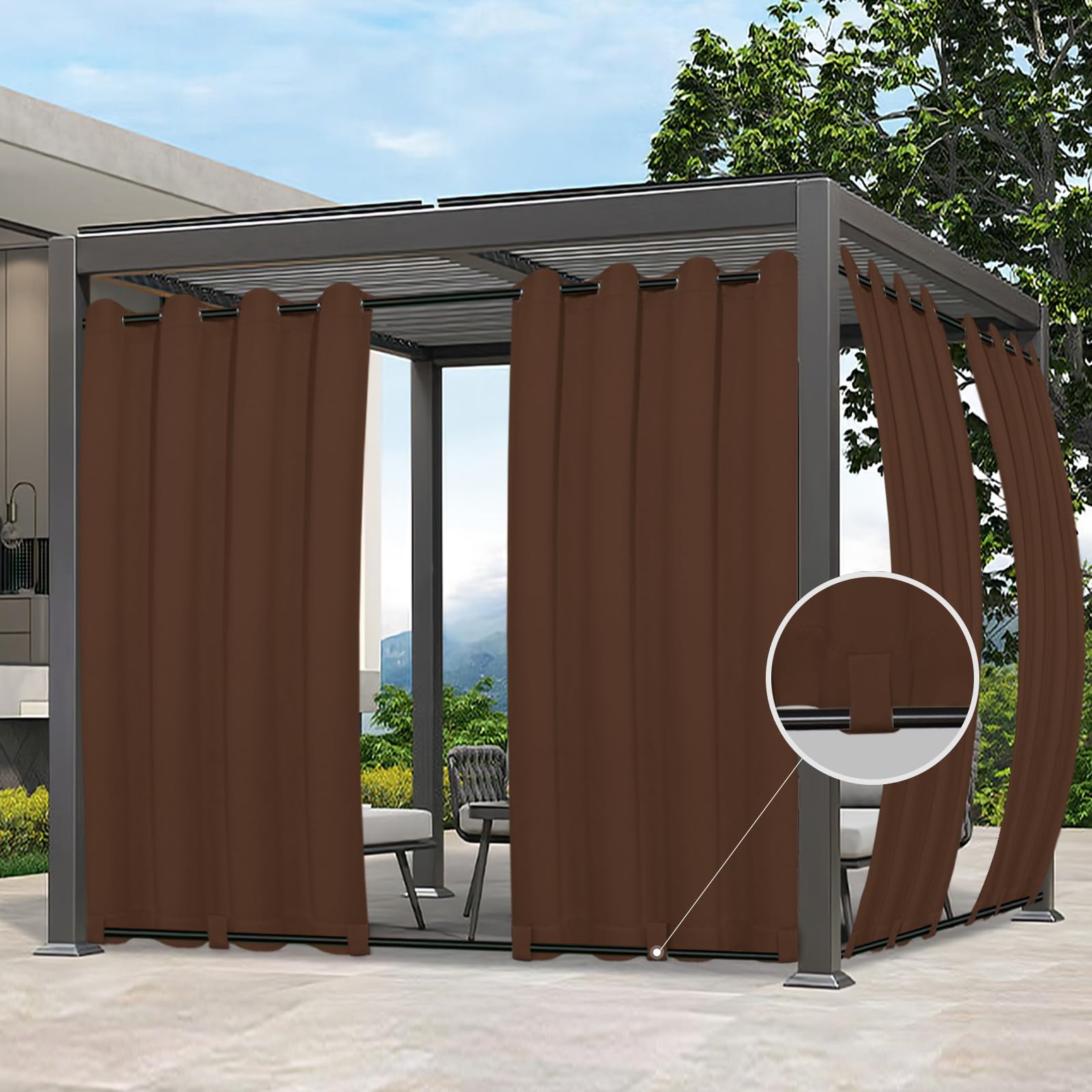 Easy-Going Outdoor Curtains Waterproof Windproof Weatherproof Curtain for Patio, Cabana, Porch, Pergola and Gazebo, Grommet Top and Tab Bottom Drape, 1 Panel, 54x120 inch, Brown