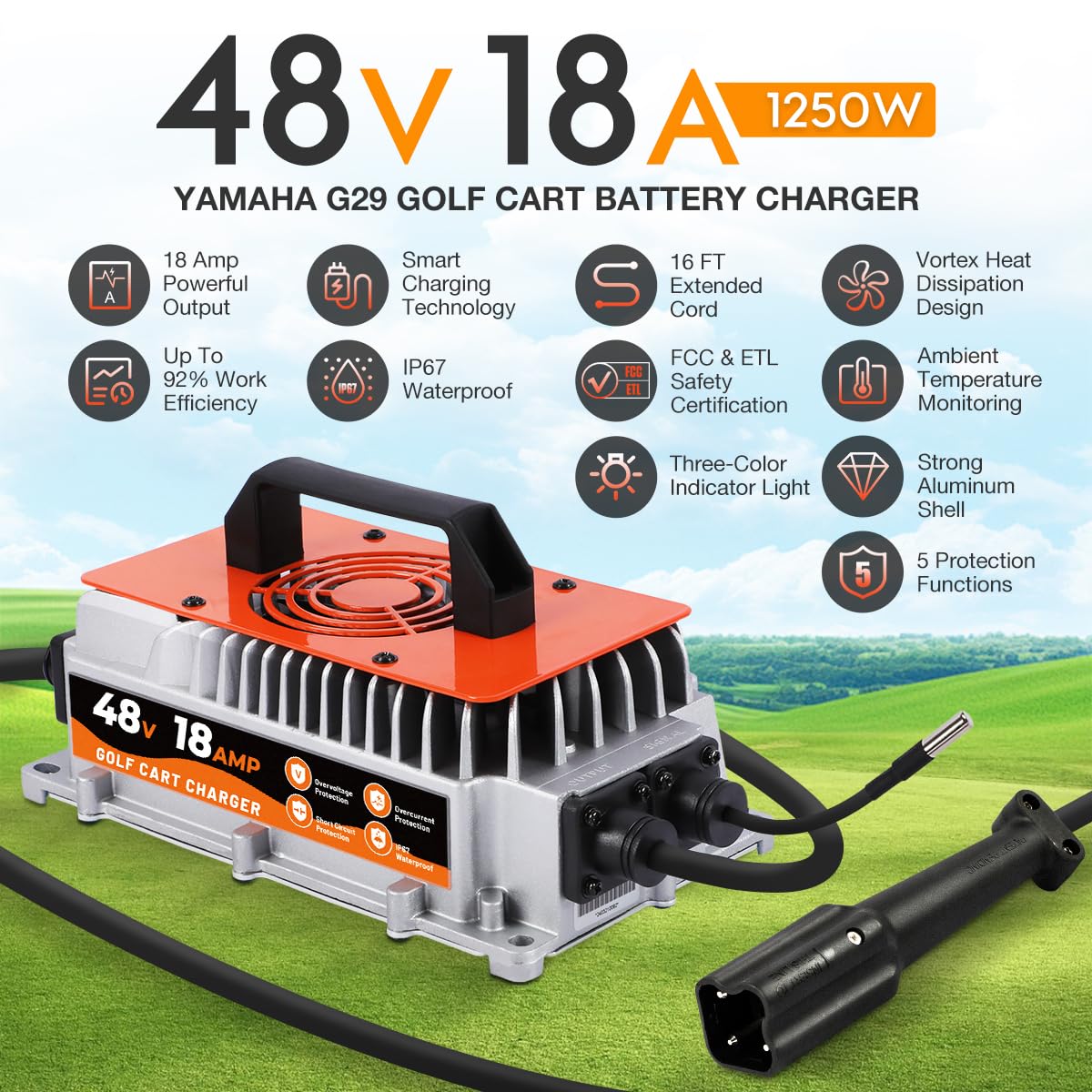 18 AMP 48 Volt Golf Carts Battery Charger for Yamaha G29 Drive & Drive 2, 16 FT Cord with Trickle Charge, 3-6 Hours Full Charge, Smart Golf Cart Charger 48 Volt for Yamaha for Lead-Acid Battery