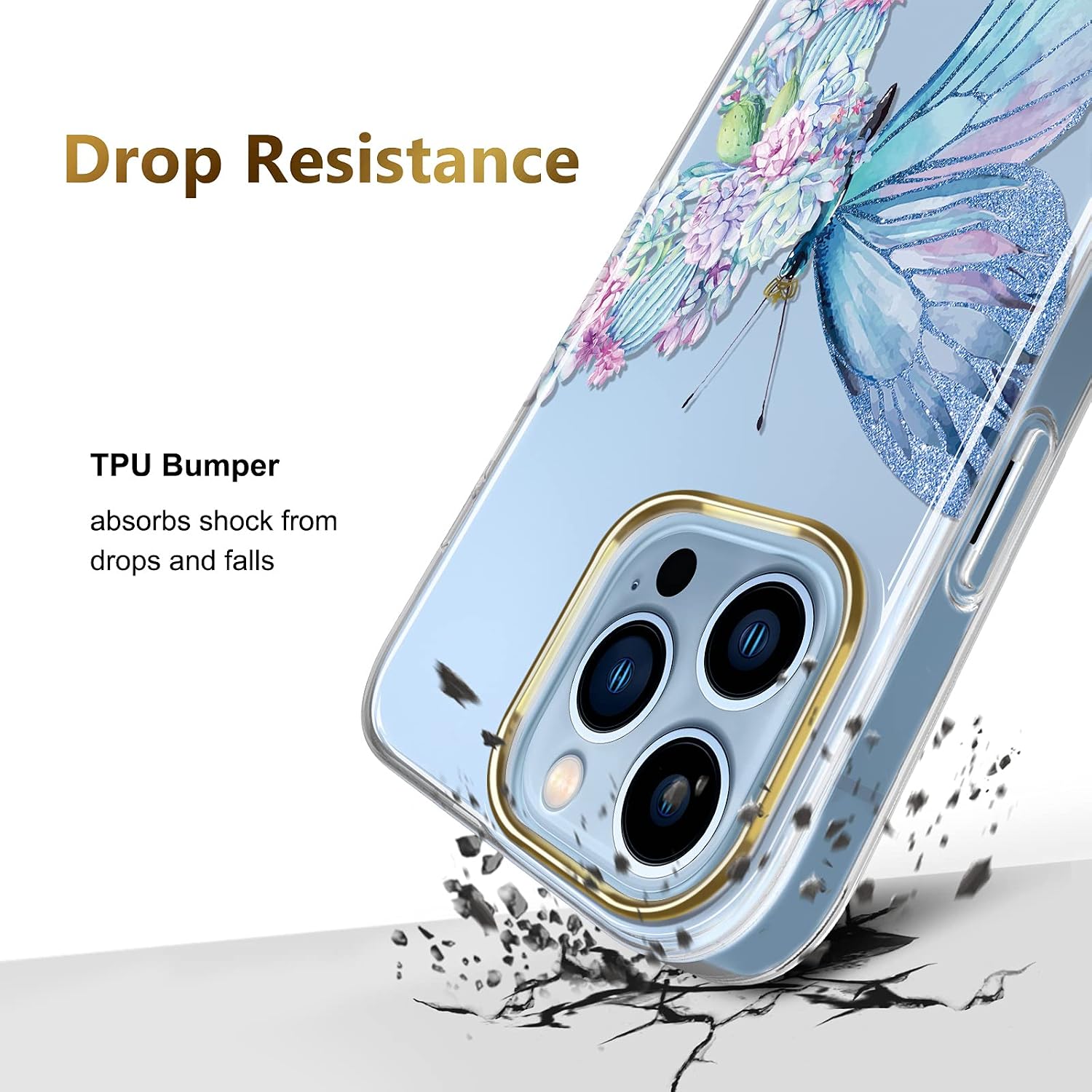 JAHOLAN Clear Case Compatible with iPhone 13 Pro Max Case with Flowers, for Girls Women, Shockproof Glitter Floral Pattern Hard Back Cover Phone Case 6.7 inch 2021 - Butterfly Cactus Purple
