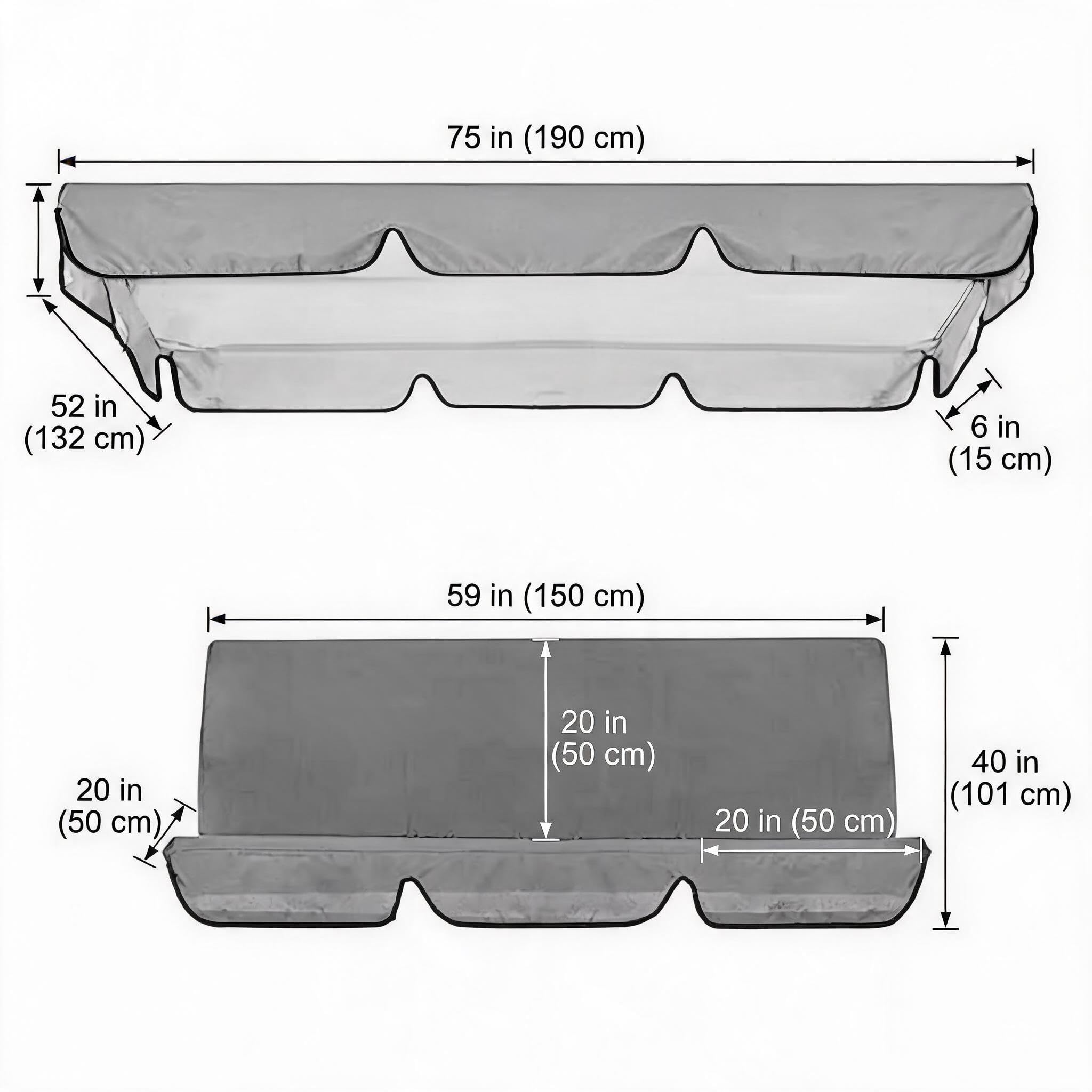 Set di ricambio per dondolo da giardino a tre piedistalli con copertura superiore e coprisedile in tessuto Oxford 210D resistente alle intemperie (grigio, 164 x 114 x 15 cm)