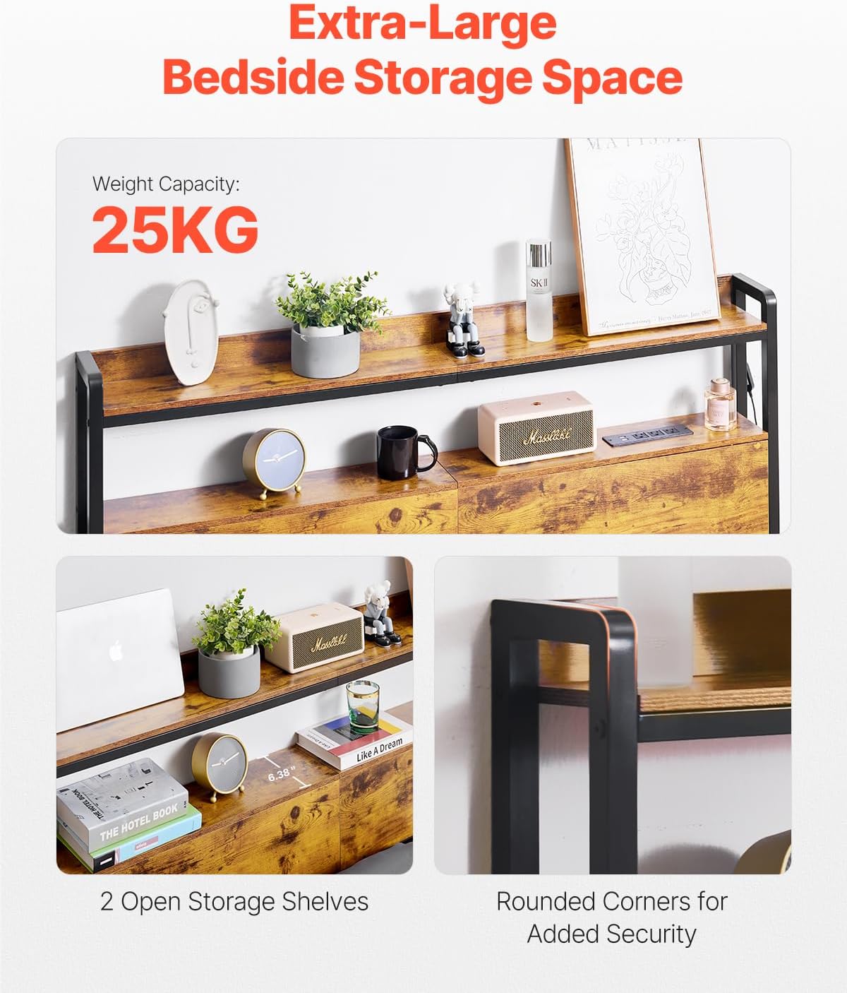 VEVOR Headboard for Full Size Bed, Adjustable Height Headboard with 2 Shelves Storage, Freestanding Head Board with Charging Station and LED Light for Different Bed Frames, Easy Assembly, Brown