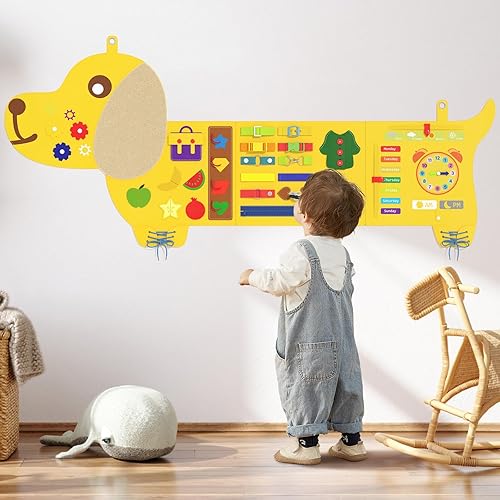 Dog Montessori Busy Board - Sensory Wall Panel for Kids, Felt Activity Cube for Toddlers, Daycare Toys and Playroom Furniture Essentials, Wall Mounted Sensory Board Toy Gift for Boys Girls, 3-6