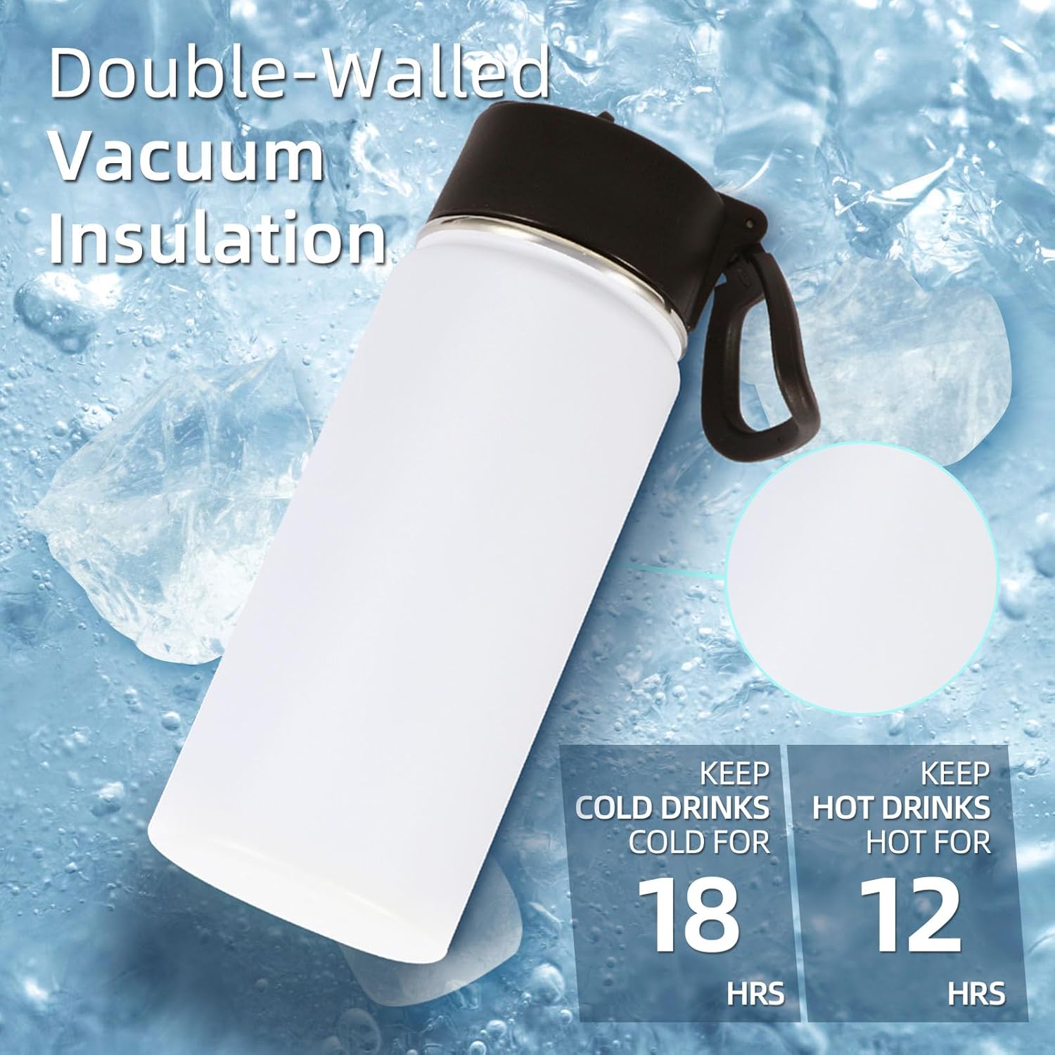 Volhoply 16 OZ Kids Water Bottle Bulk 8 Pack,Insulated Sports Bottles with Straw Lid,Stainless Steel Bottle with Handle Keep Cold & Hot,Double Wall Vacuum Tumbler Cups for School(White, 8) - Image 3